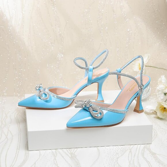 Women's Rhinstone Light Blue Adjustable Strap Bow Closed Pumps Heeled Shoes - Picture 9 of 9